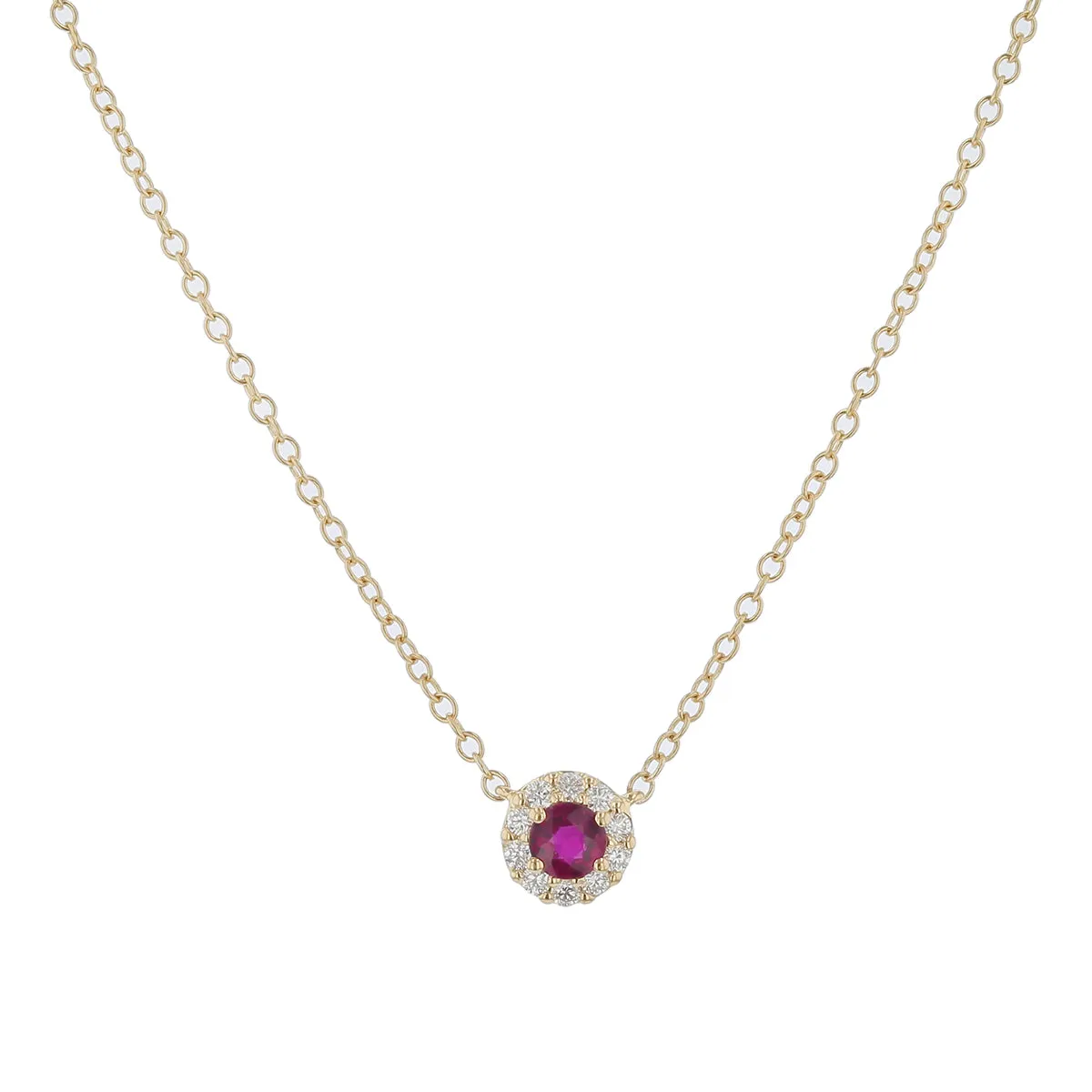 0.21ct Ruby and 0.10ct Diamond Halo 16" Necklace in 18K Yellow Gold