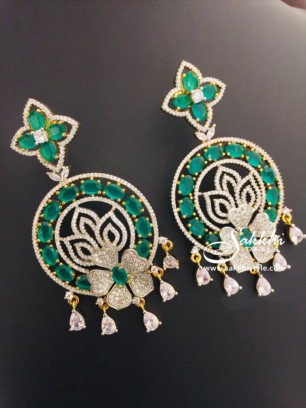 1 Gram Gold Chandbali Earrings with Semi Emeralds