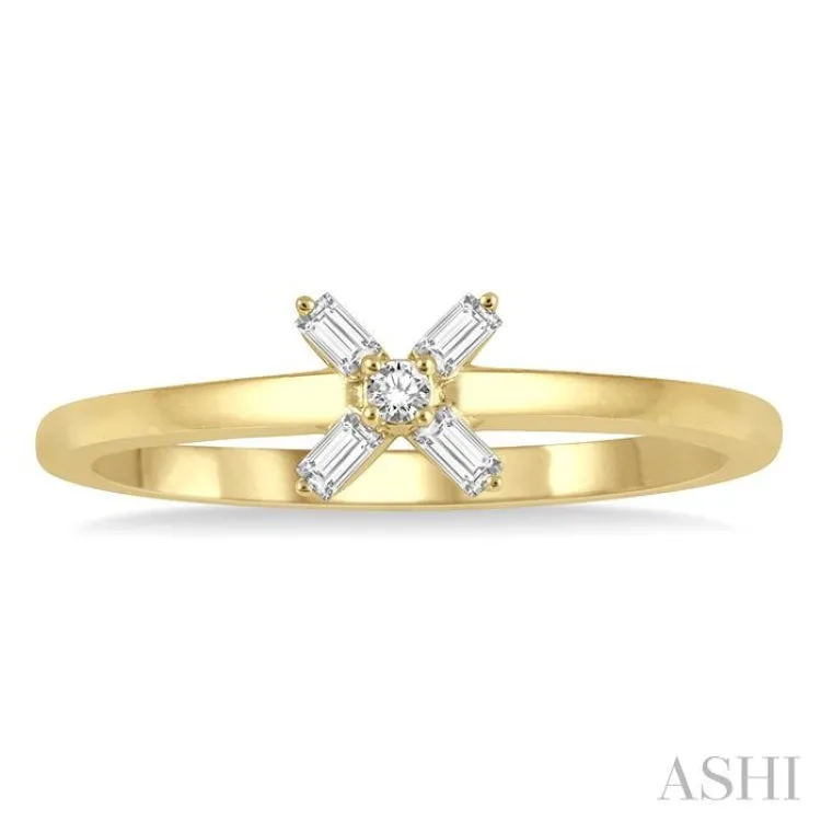 1/10 Ctw Cross Baguette and Round Cut Diamond Petite Fashion Ring in 10K Yellow Gold