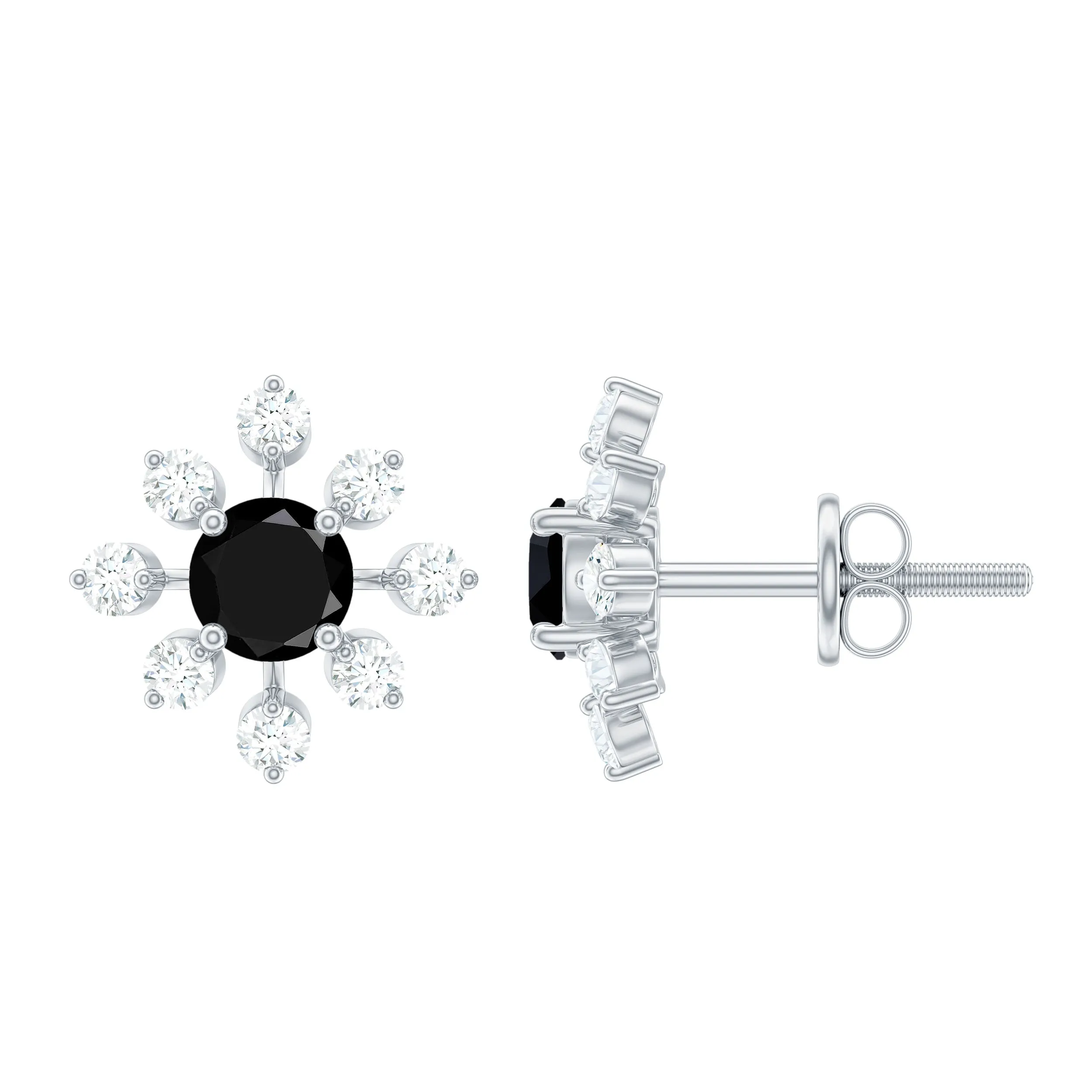 1.25 CT Black Spinel and Diamond Flower Stud Earrings in Prong Setting