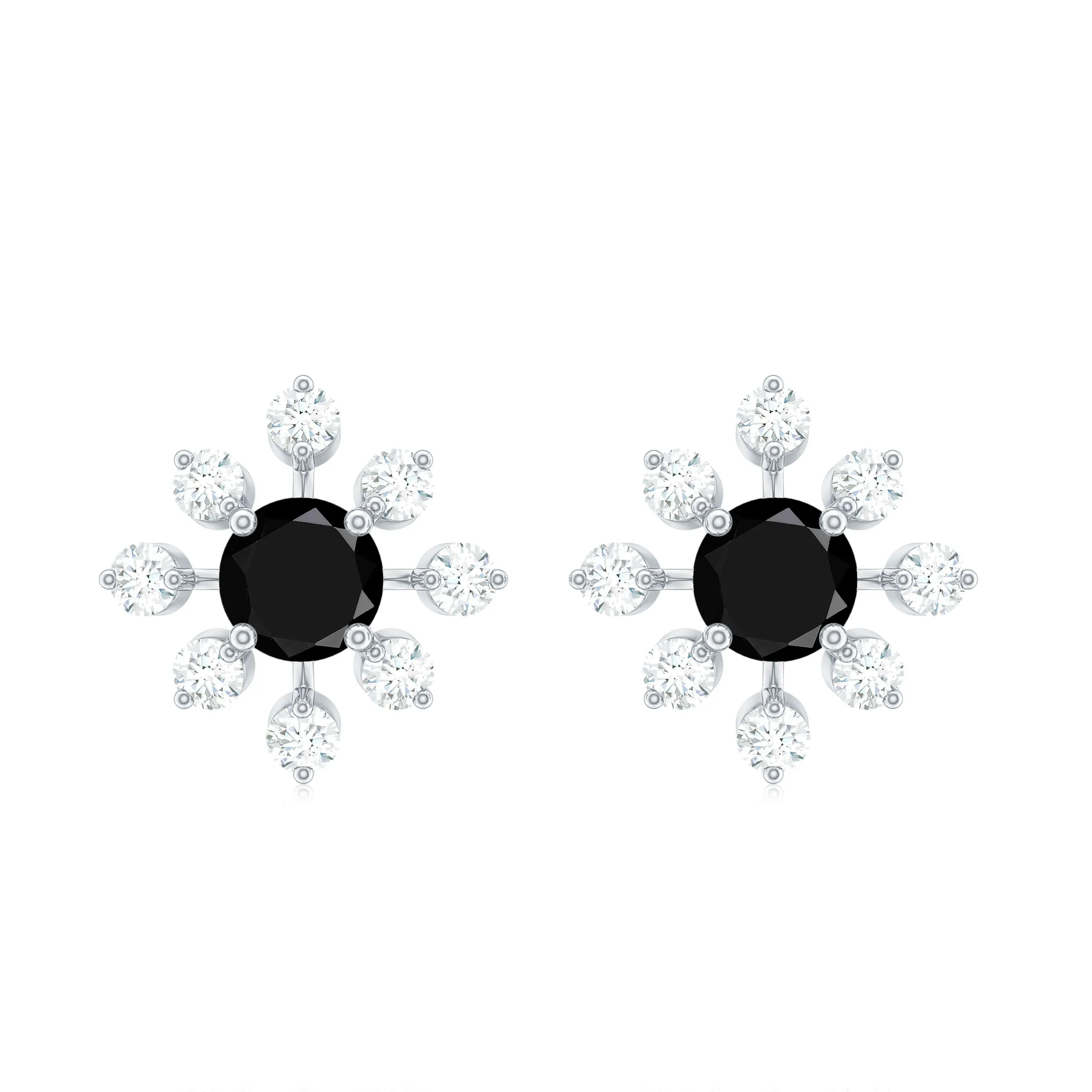 1.25 CT Black Spinel and Diamond Flower Stud Earrings in Prong Setting