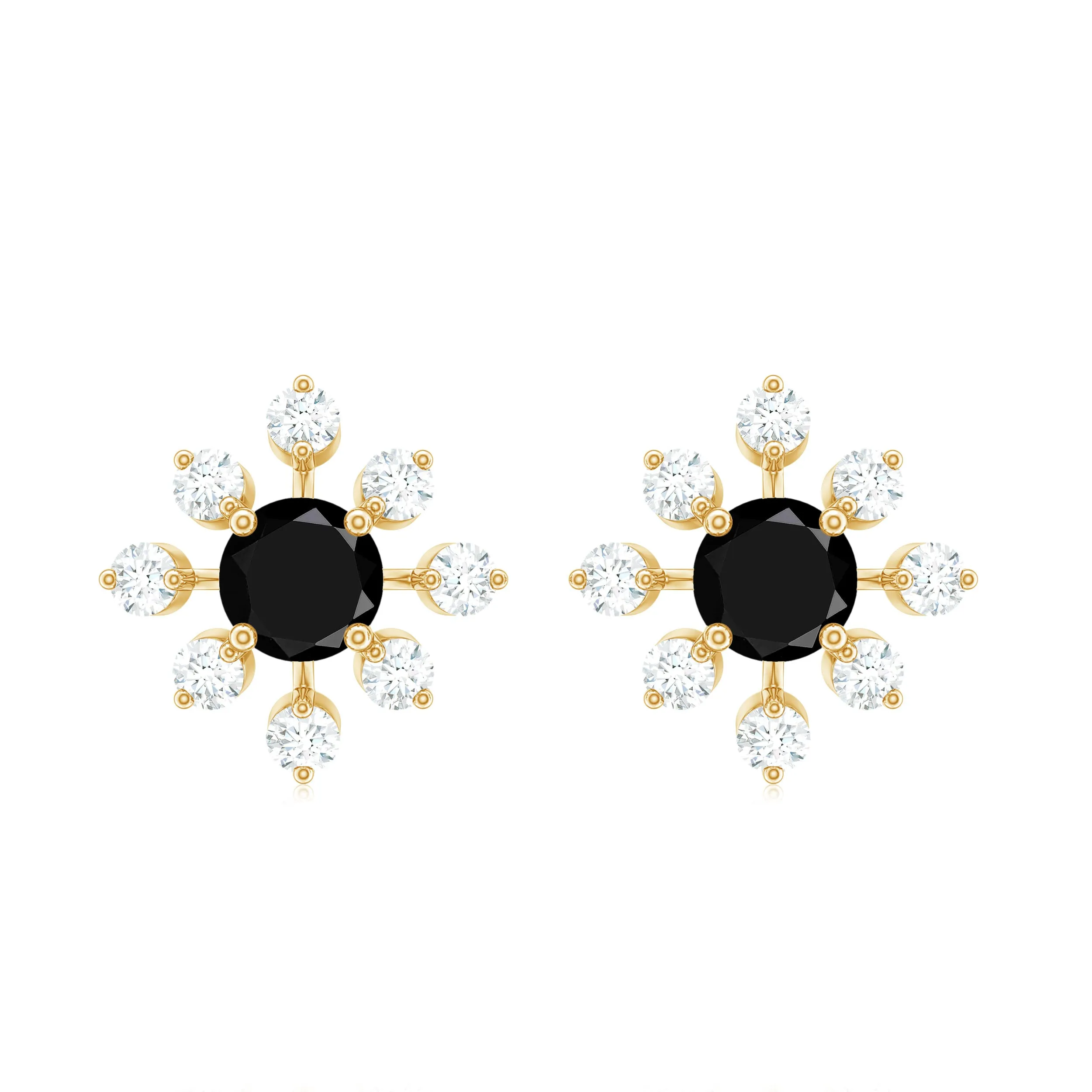 1.25 CT Black Spinel and Diamond Flower Stud Earrings in Prong Setting