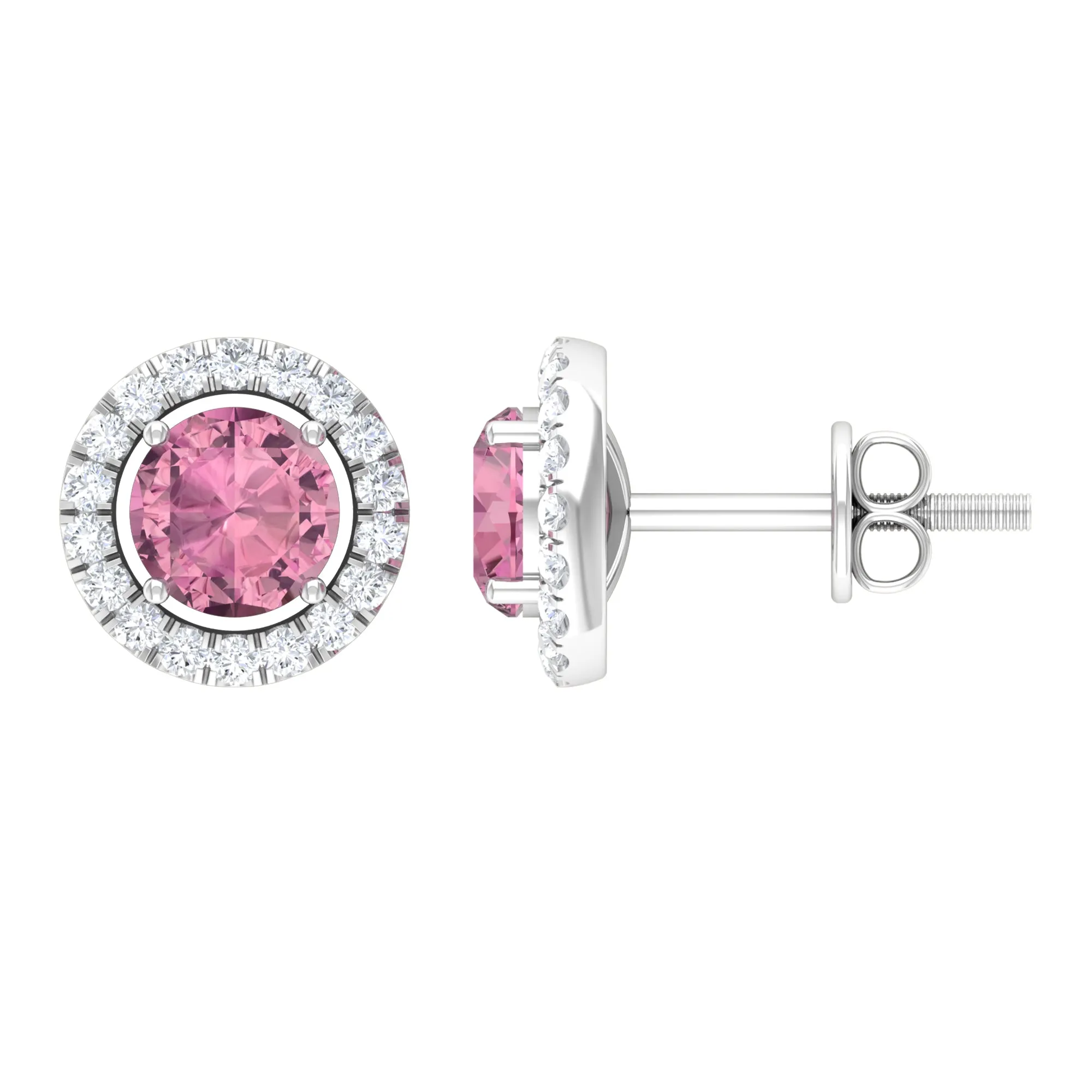 1.25 CT Natural Pink Tourmaline and Diamond Halo Stud Earrings