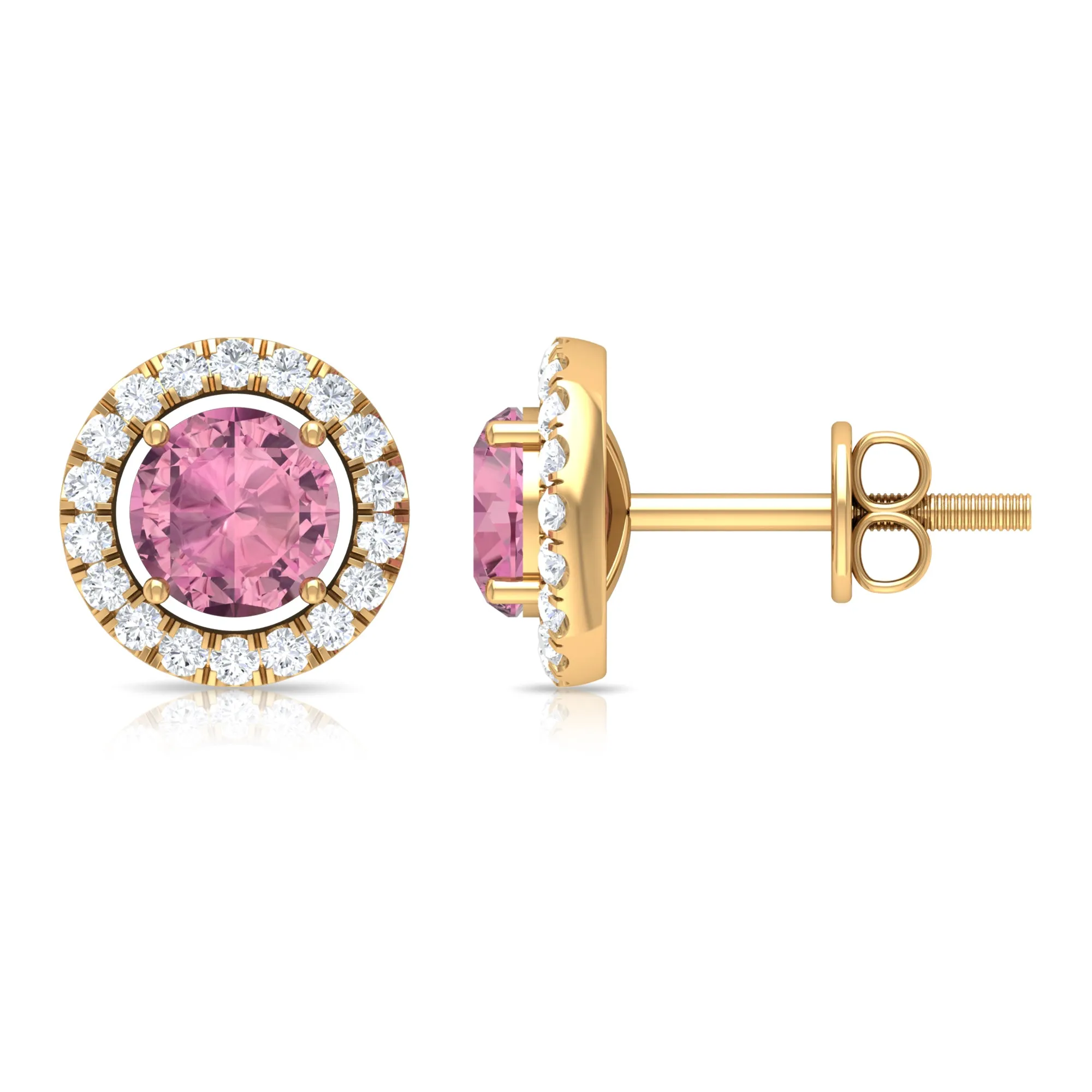 1.25 CT Natural Pink Tourmaline and Diamond Halo Stud Earrings