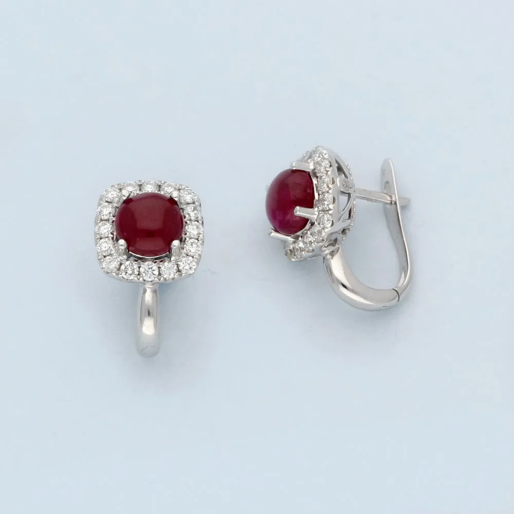 14ct White Gold Cabochon Ruby & Diamond Cluster Earrings