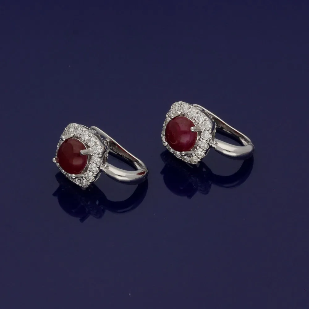 14ct White Gold Cabochon Ruby & Diamond Cluster Earrings