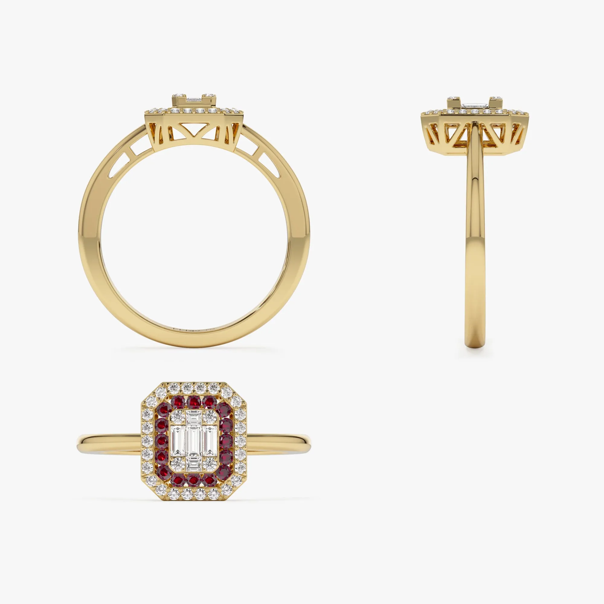 14k Baguette and Round Ruby Ring with Halo Setting