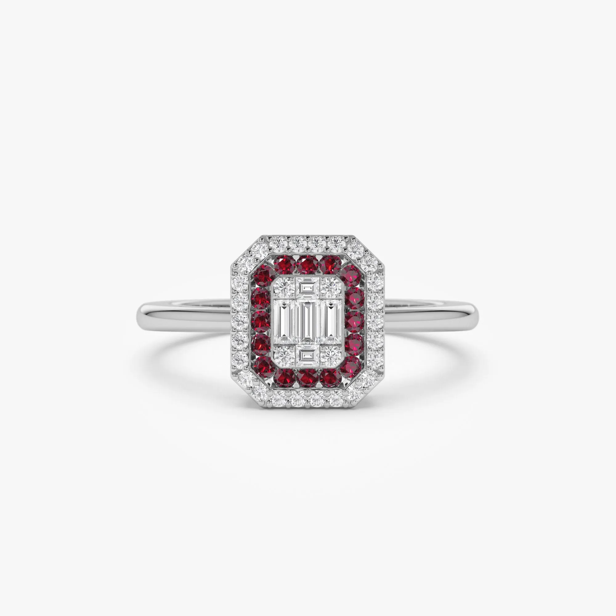 14k Baguette and Round Ruby Ring with Halo Setting