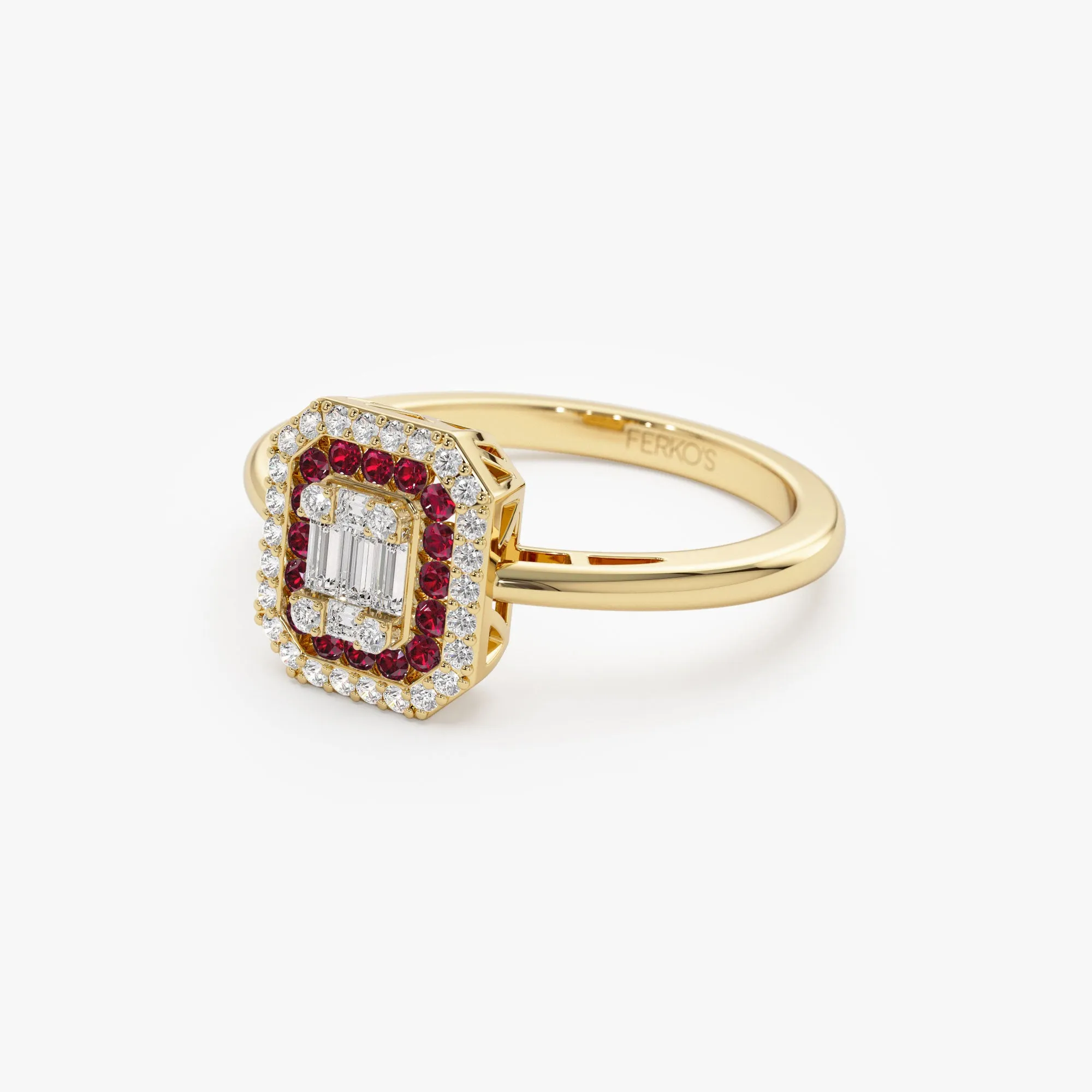 14k Baguette and Round Ruby Ring with Halo Setting