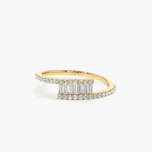 14k Cross Over Baguette Diamond Ring with Pave Diamonds