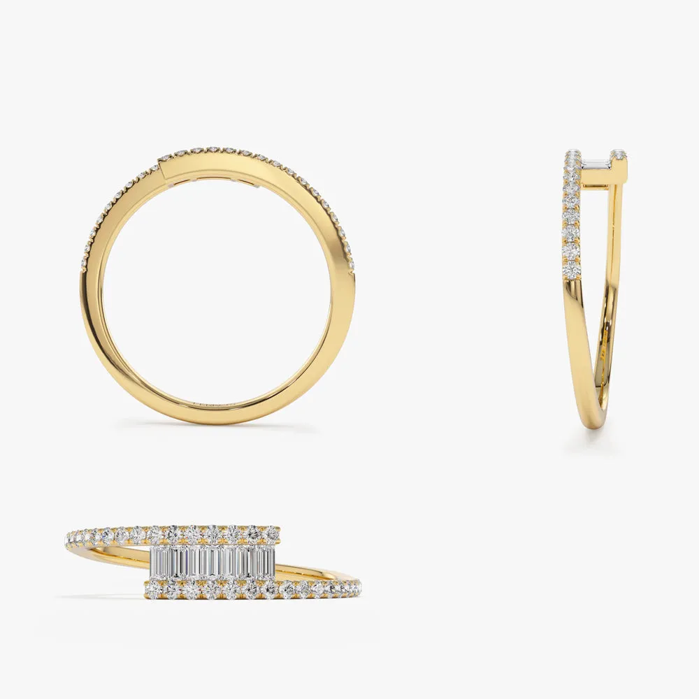 14k Cross Over Baguette Diamond Ring with Pave Diamonds