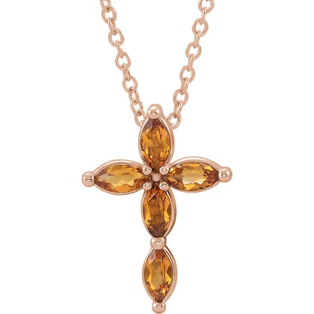 14k Gold Citrine Cross Necklace - White Rose or Yellow Gold