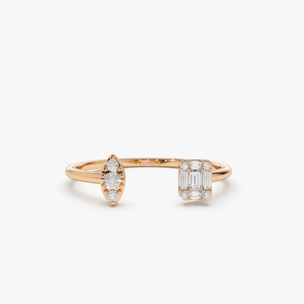 14K Gold Diamond Baguette Cuff Ring