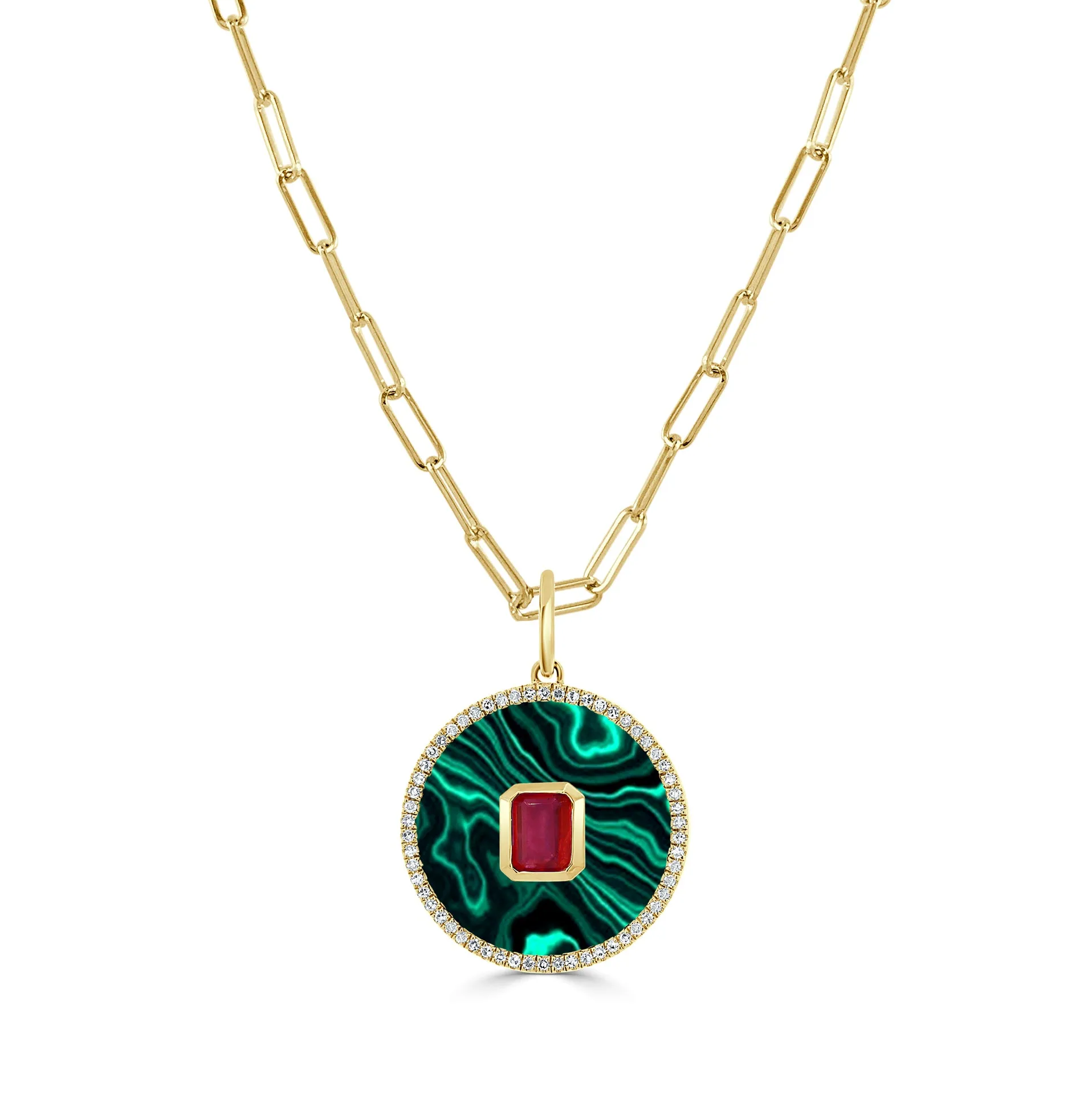 14k Gold Malachite, Ruby & Diamond Disc Charm