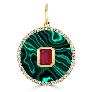 14k Gold Malachite, Ruby & Diamond Disc Charm