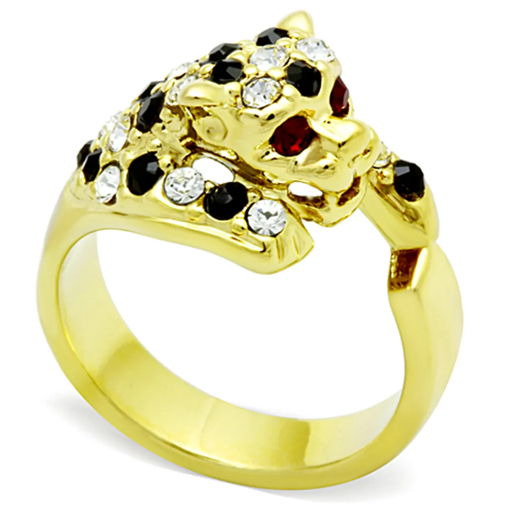 14K Gold Plated Stainless Steel Multi-Color Crystal Cocktail Tiger Ring Size 5-10