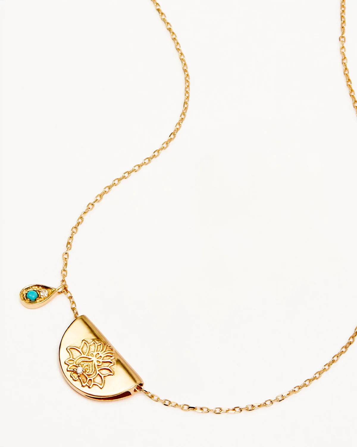 14k Solid Gold Lotus Birthstone Diamond Necklace - December - Turquoise