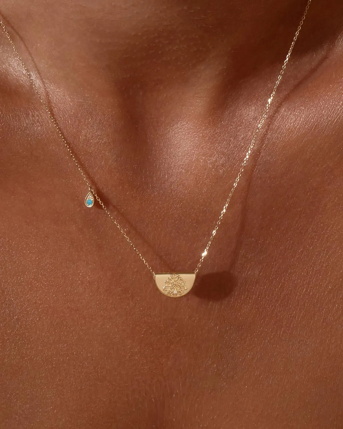 14k Solid Gold Lotus Birthstone Diamond Necklace - December - Turquoise