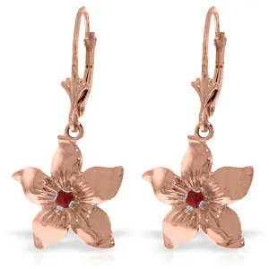 14K Solid Rose Gold Leverback Flowers Earrings w/ Rubies