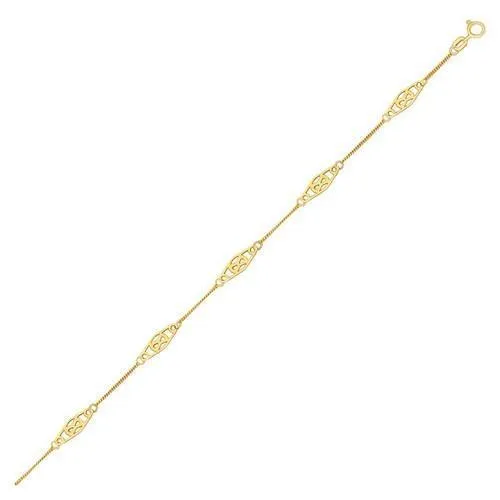 14k Yellow Gold Anklet with Fancy Diamond Shape Filigree Stations, size 10''