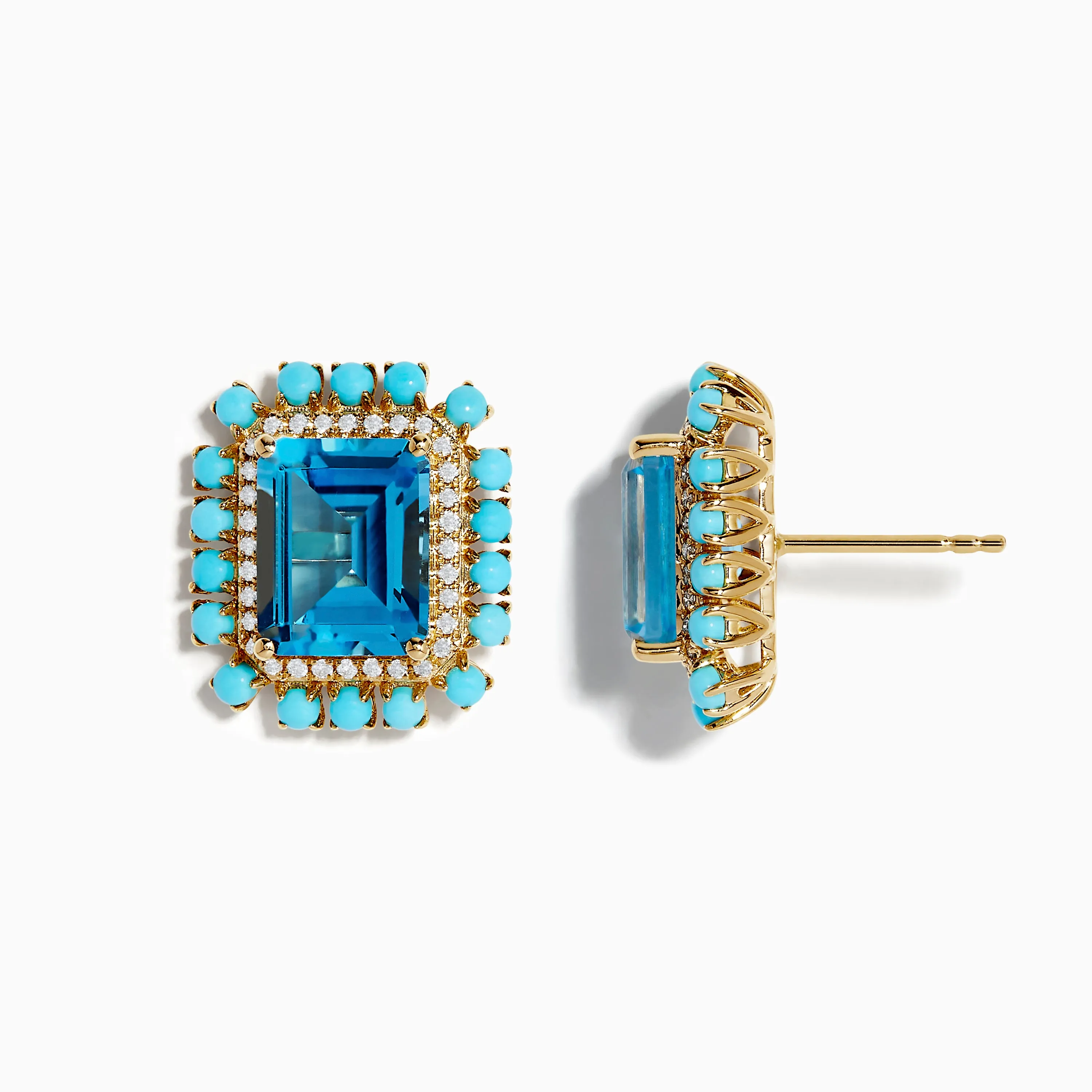 14K Yellow Gold Blue Topaz, Turquoise and Diamond Earrings