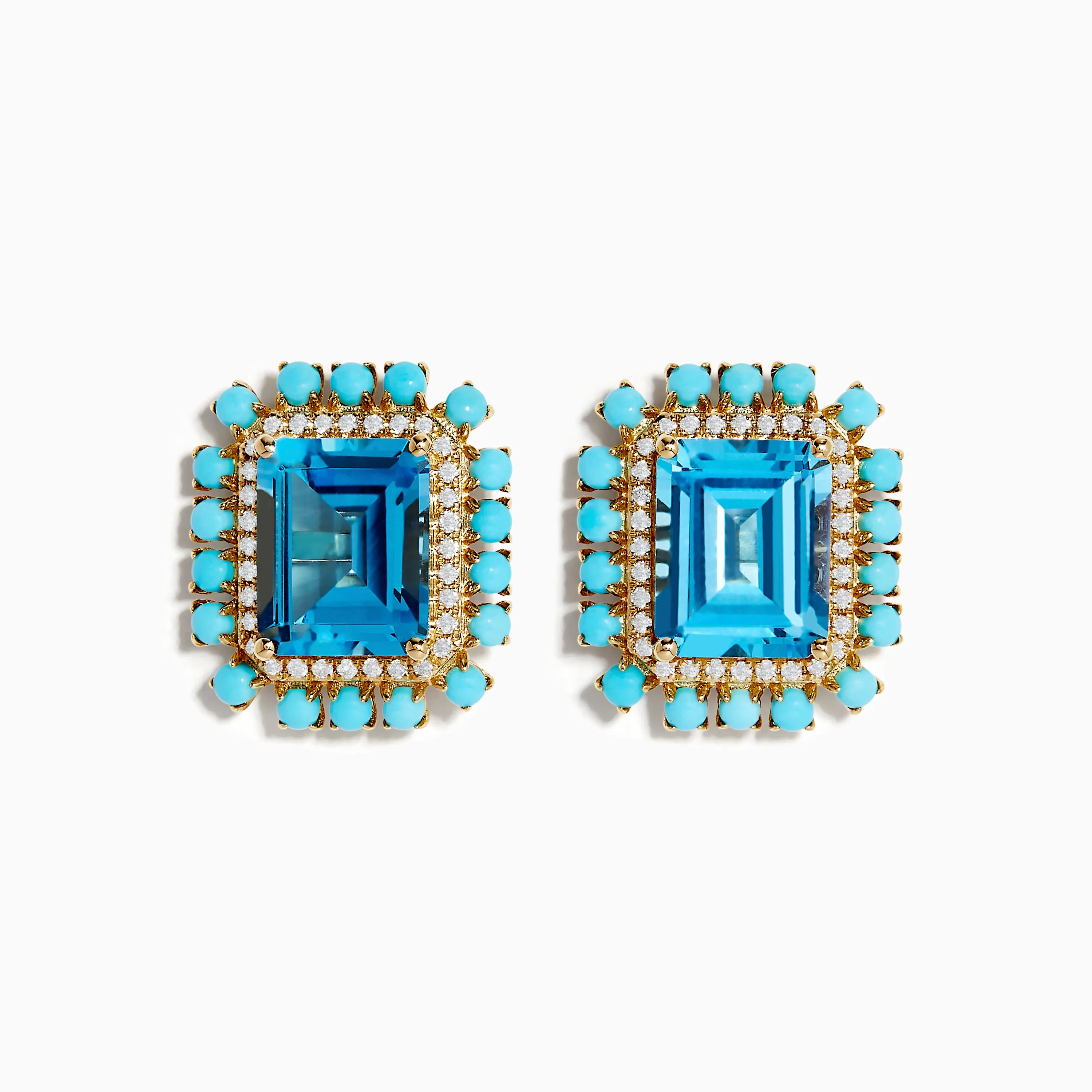 14K Yellow Gold Blue Topaz, Turquoise and Diamond Earrings