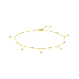 14K Yellow Gold CZ Bezel Station and Drop Adjustable Anklet