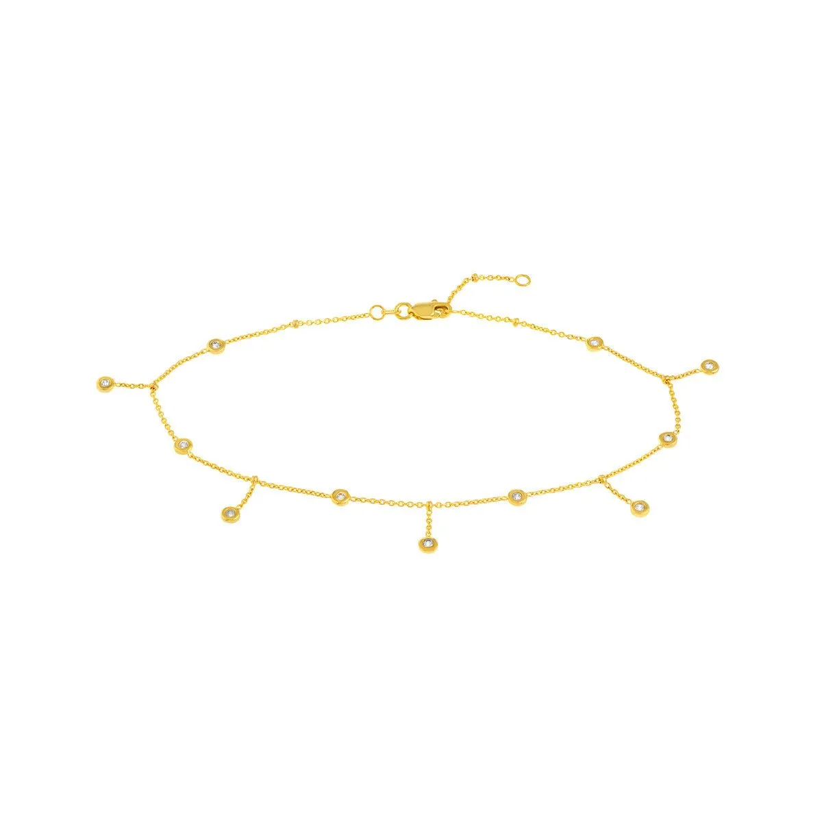 14K Yellow Gold CZ Bezel Station and Drop Adjustable Anklet