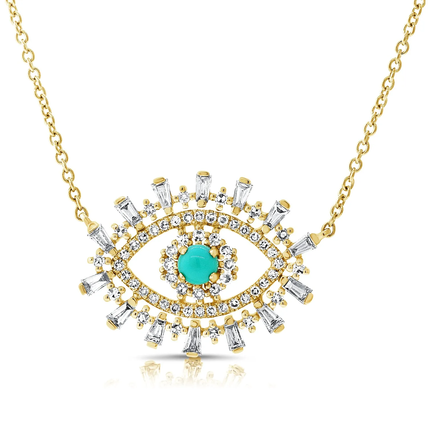 14K Yellow Gold Diamond   Turquoise Evil Eye Necklace