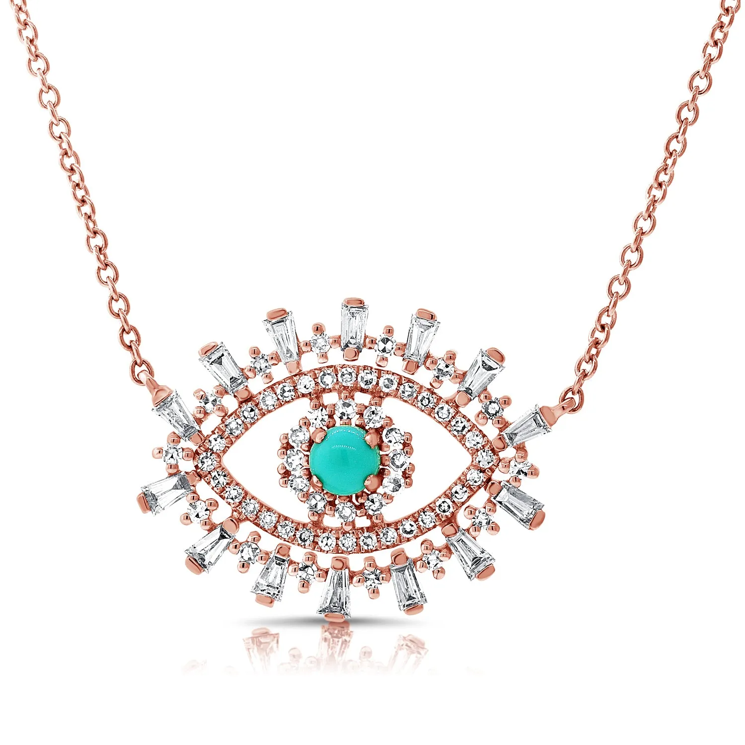 14K Yellow Gold Diamond   Turquoise Evil Eye Necklace