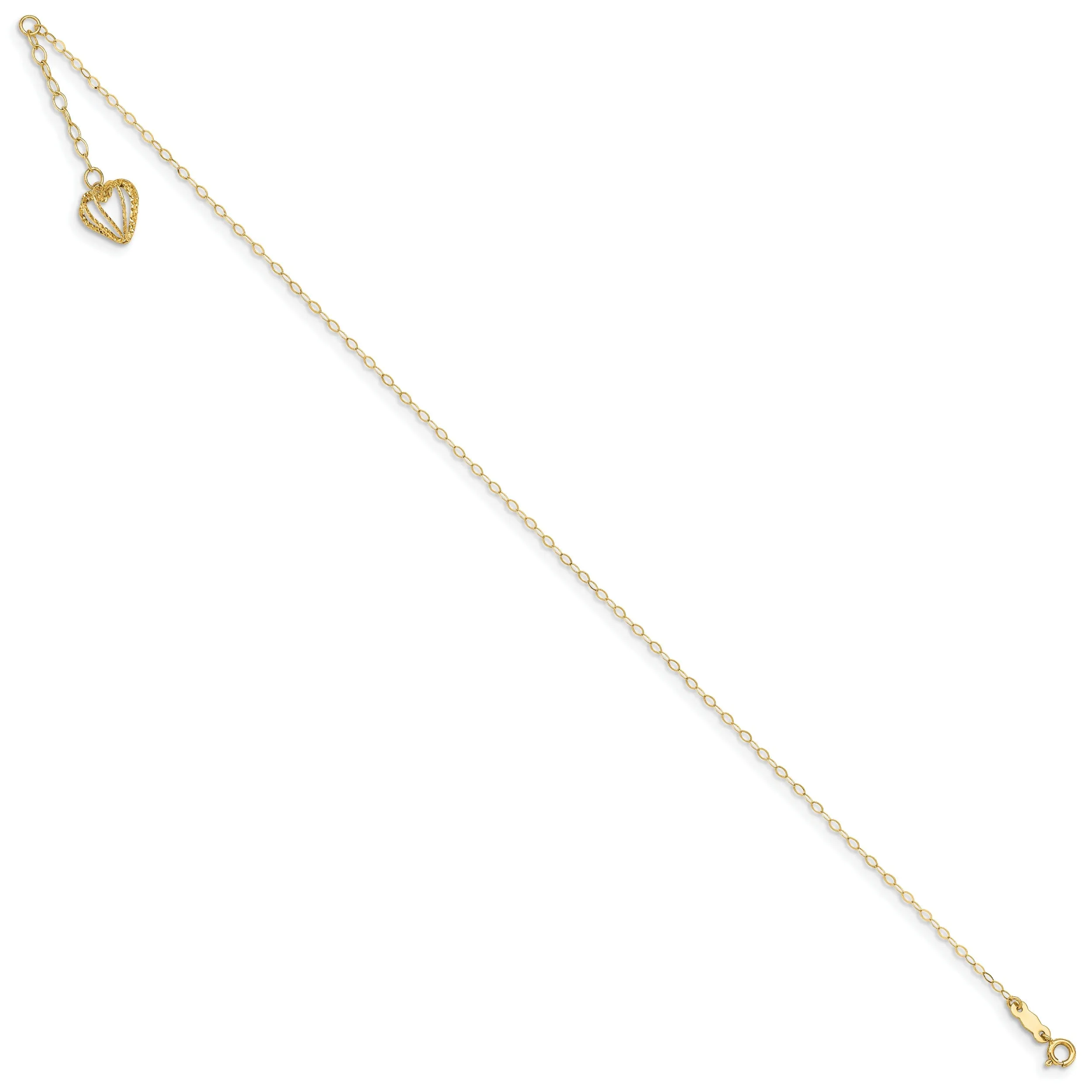 14k Yellow Gold Oval Link Chain Heart Cage Anklet