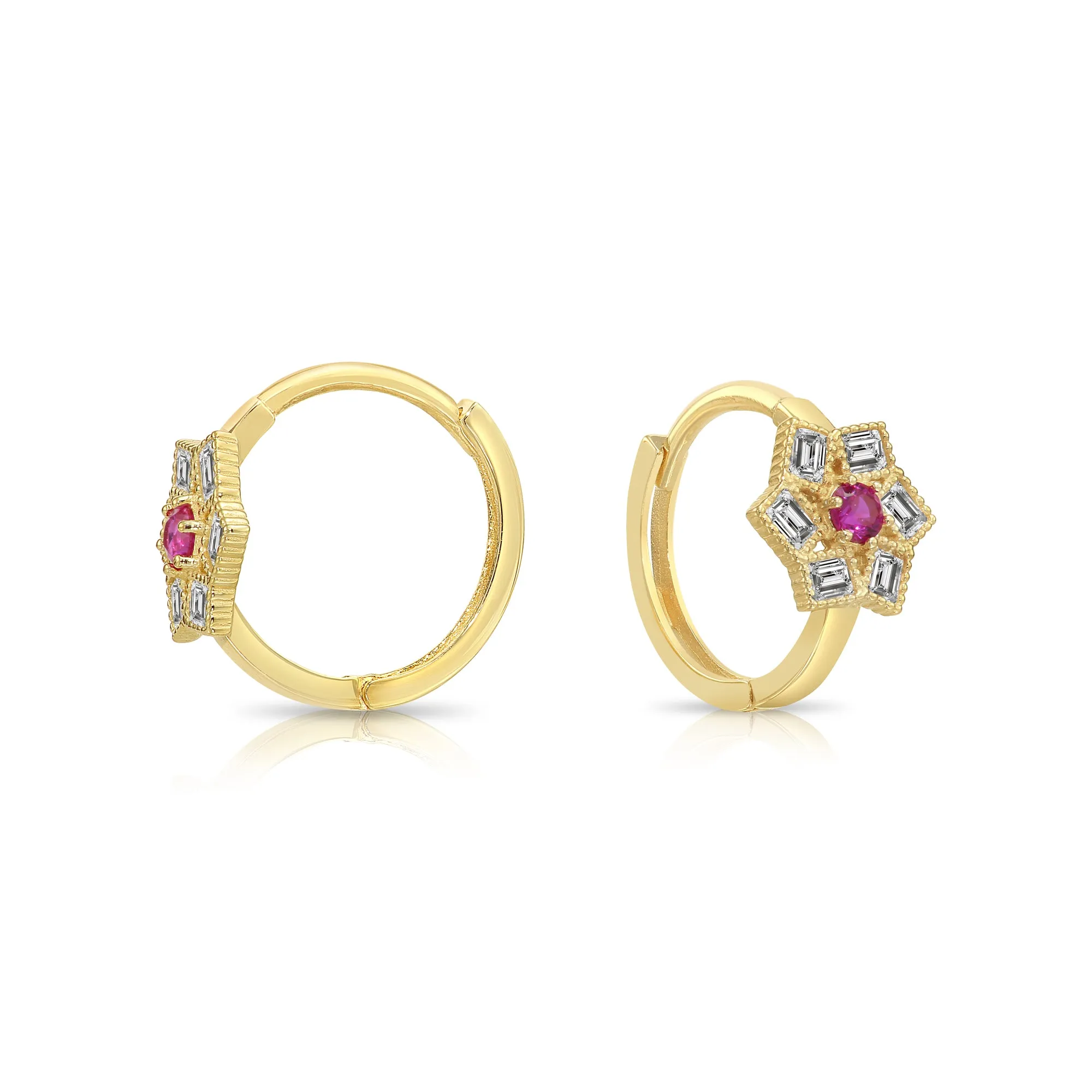 14K Yellow Gold Ruby Birthstone CZ Flower Huggies Hoop Earrings