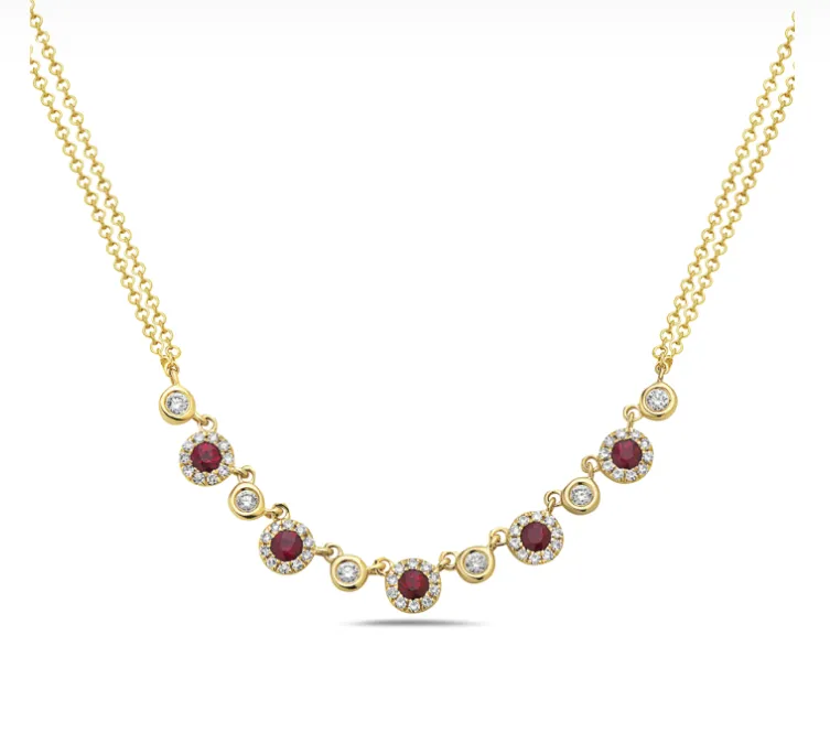 14k Yellow Gold Ruby/Diamond Halo & Bezel Diamond Double Strand Necklace (I8552)