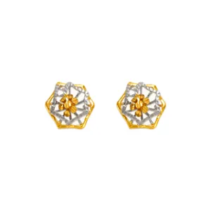 14K Yellow  Two-Tone Gold Diamond Cut Flower Stud Earrings