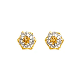 14K Yellow  Two-Tone Gold Diamond Cut Flower Stud Earrings