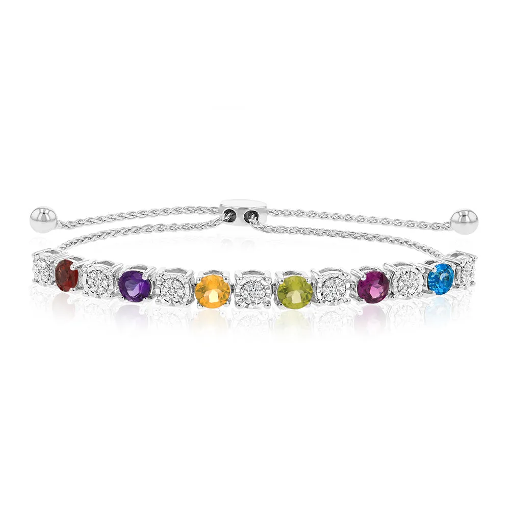 1.86Ct Mix Color Stone(Garnet, Amethyst, Citrine, Peridot, Rhodolite, London Blue Topaz) & 49 Diamond Bracelet in Sterling Silver