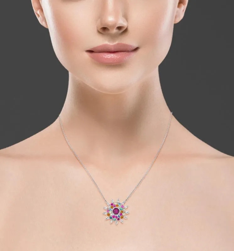 18k Amazonia (cocar) White Gold Necklace With 0.20 Cts Vs-Gh Diamonds  And Rhodolite And Citrine And Topaz And Sapphire And Ruby And Emerald And Peridot