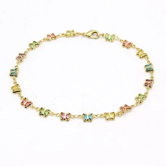 18k Gold Filled High Polish Finish Multi Color Crystal Butterfly Ankle Bracelet