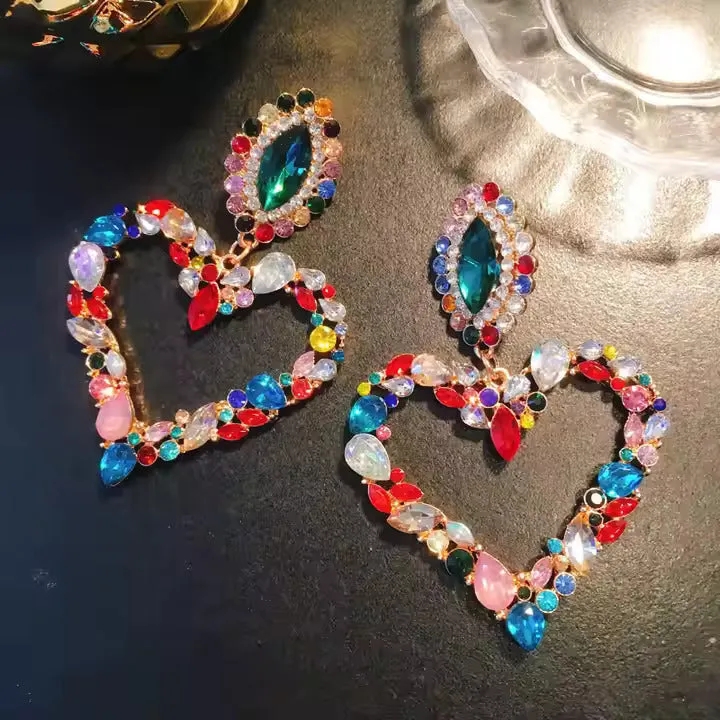 18K Gold Rhinestone Multicolor Rhinestone Heart Stud Earrings