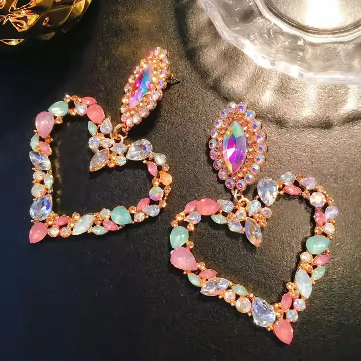 18K Gold Rhinestone Multicolor Rhinestone Heart Stud Earrings