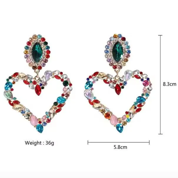 18K Gold Rhinestone Multicolor Rhinestone Heart Stud Earrings