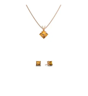 18K Rose Gold 1ct Citrine Square 18 Inch Necklace and Earrings Set Plated