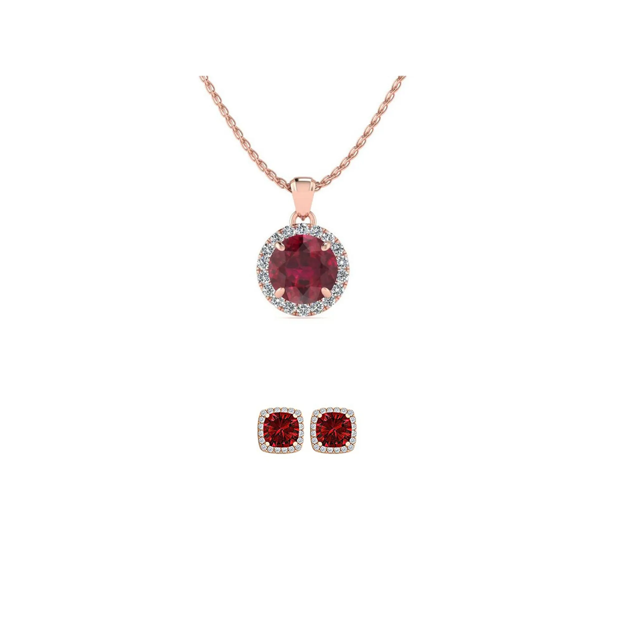 18K Rose Gold 2ct Halo Ruby Round 18 Inch Necklace and Halo Square Earrings Set Plated