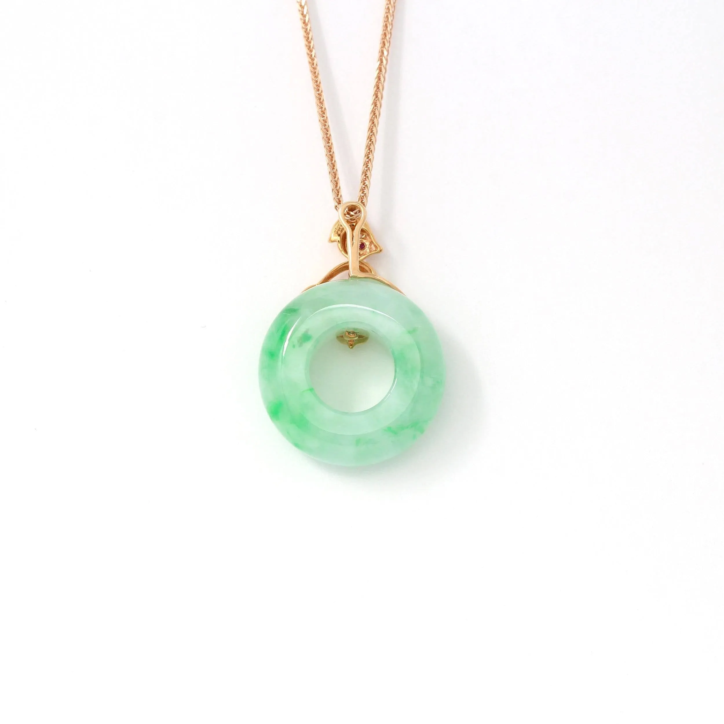 18k Rose Gold Genuine Burmese Jadeite Lucky Kou kou Pendant Necklace With AA Ruby