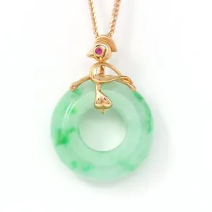 18k Rose Gold Genuine Burmese Jadeite Lucky Kou kou Pendant Necklace With AA Ruby