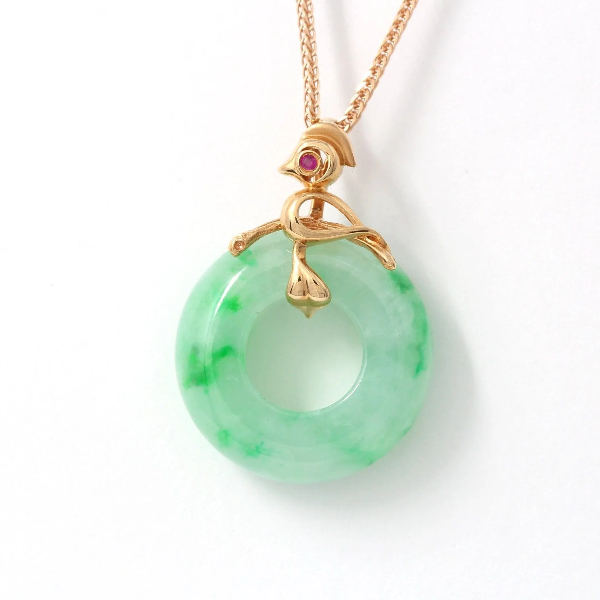 18k Rose Gold Genuine Burmese Jadeite Lucky Kou kou Pendant Necklace With AA Ruby