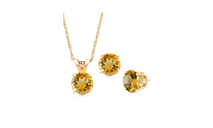 18K Yellow Gold 1/2ct Citrine Round 18 Inch Necklace and Earrings Set Plated