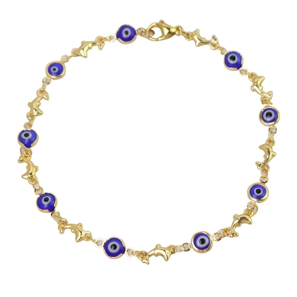 18K Yellow Gold Dolphin Blue Evil Eye Anklet Plated