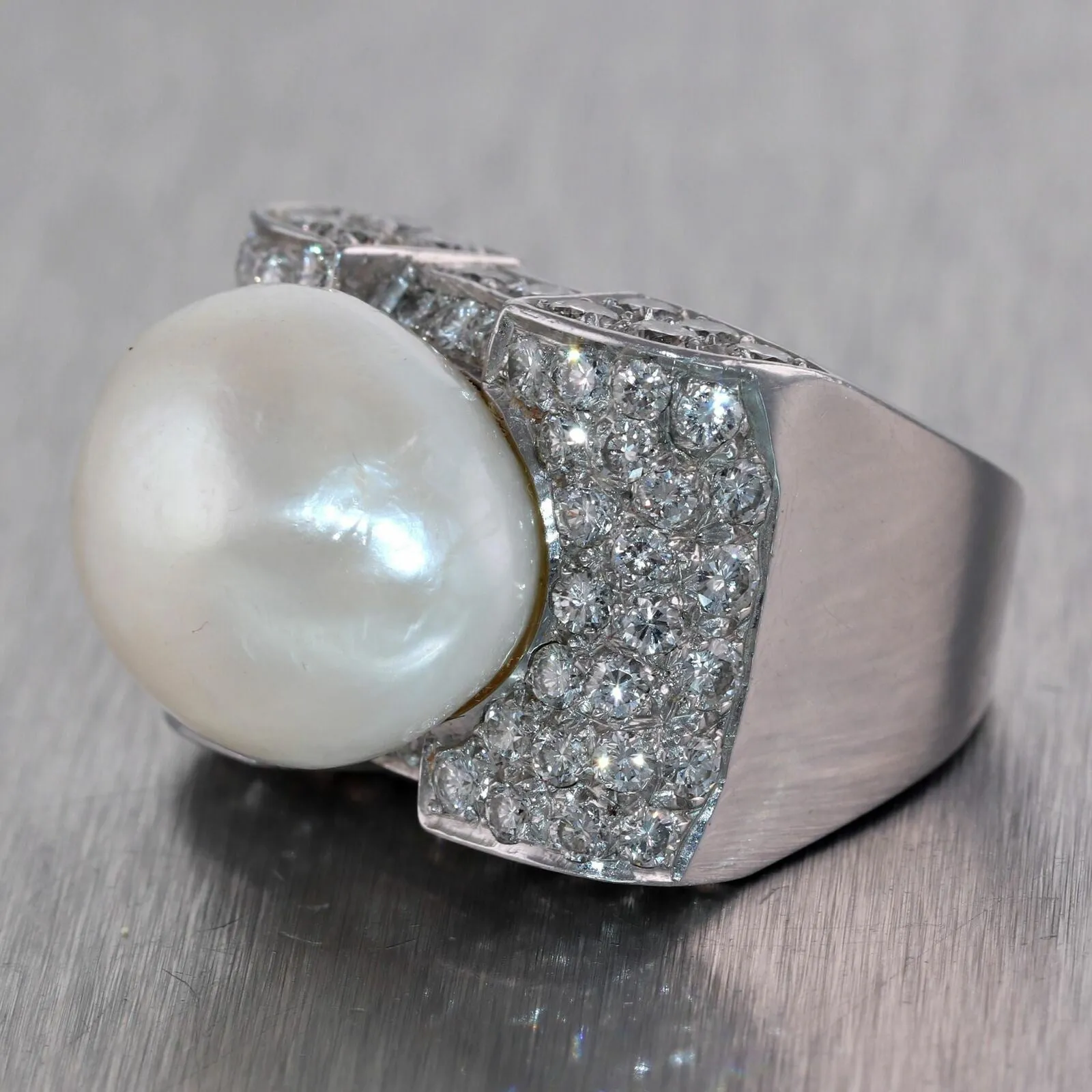 1960's Vintage Estate Chunky Platinum 5ctw Diamond & Pearl Cocktail Ring