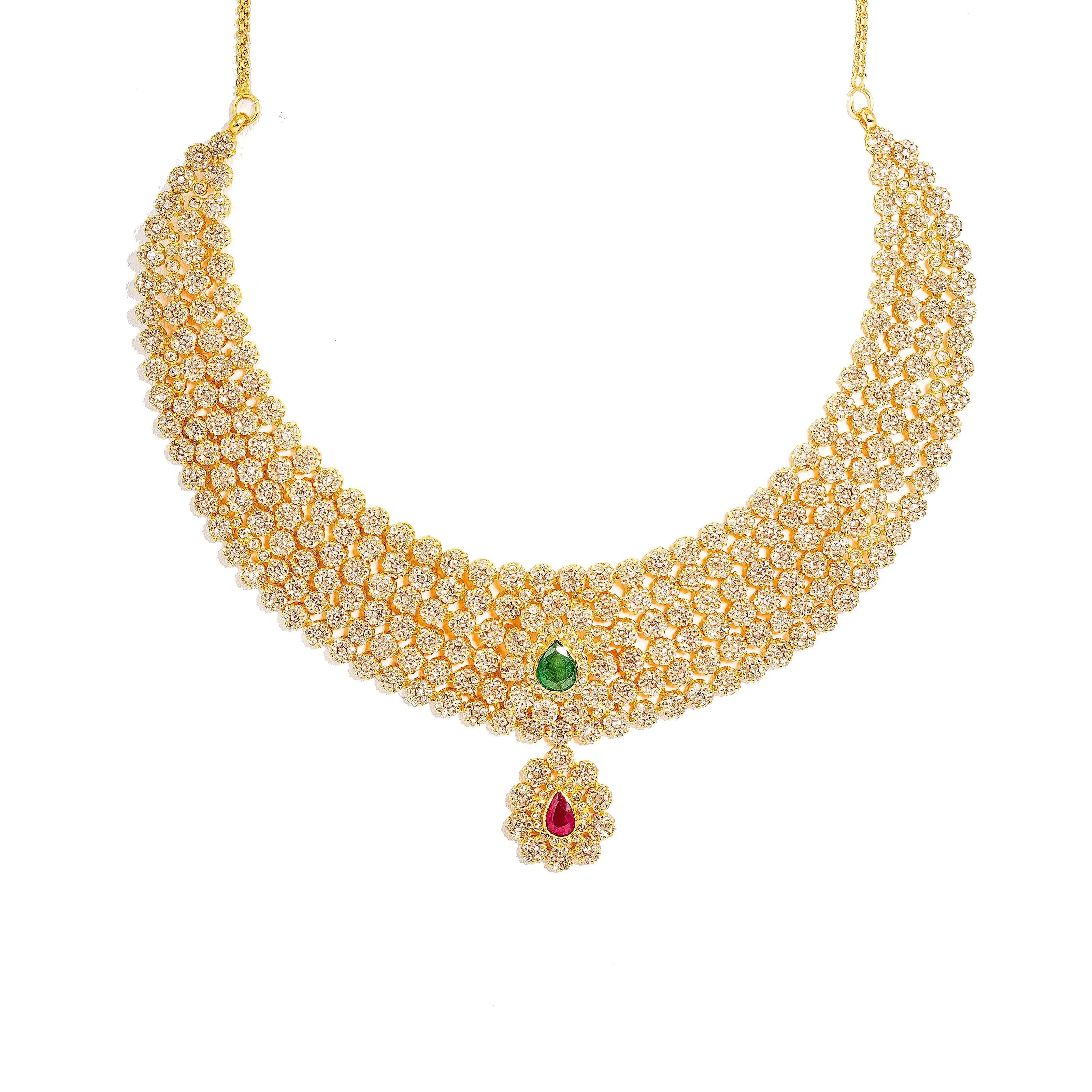 22K Yellow Gold Diamond Necklace & Earrings Set W/ 38.54ct Uncut Diamonds, Rubies & Emeralds on Choker Necklace